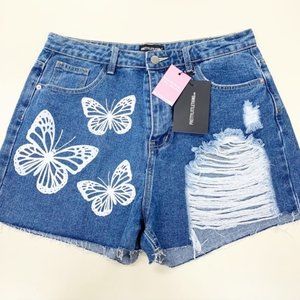 PrettyLittleThing High Rise Distressed Mom Shorts Denim Butterfly NWT